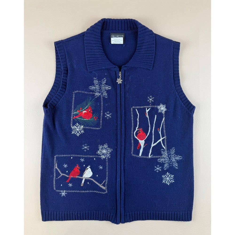 Winter Cardinal Embroidered Sweater Vest Zip Snowflake Small Southern Lady